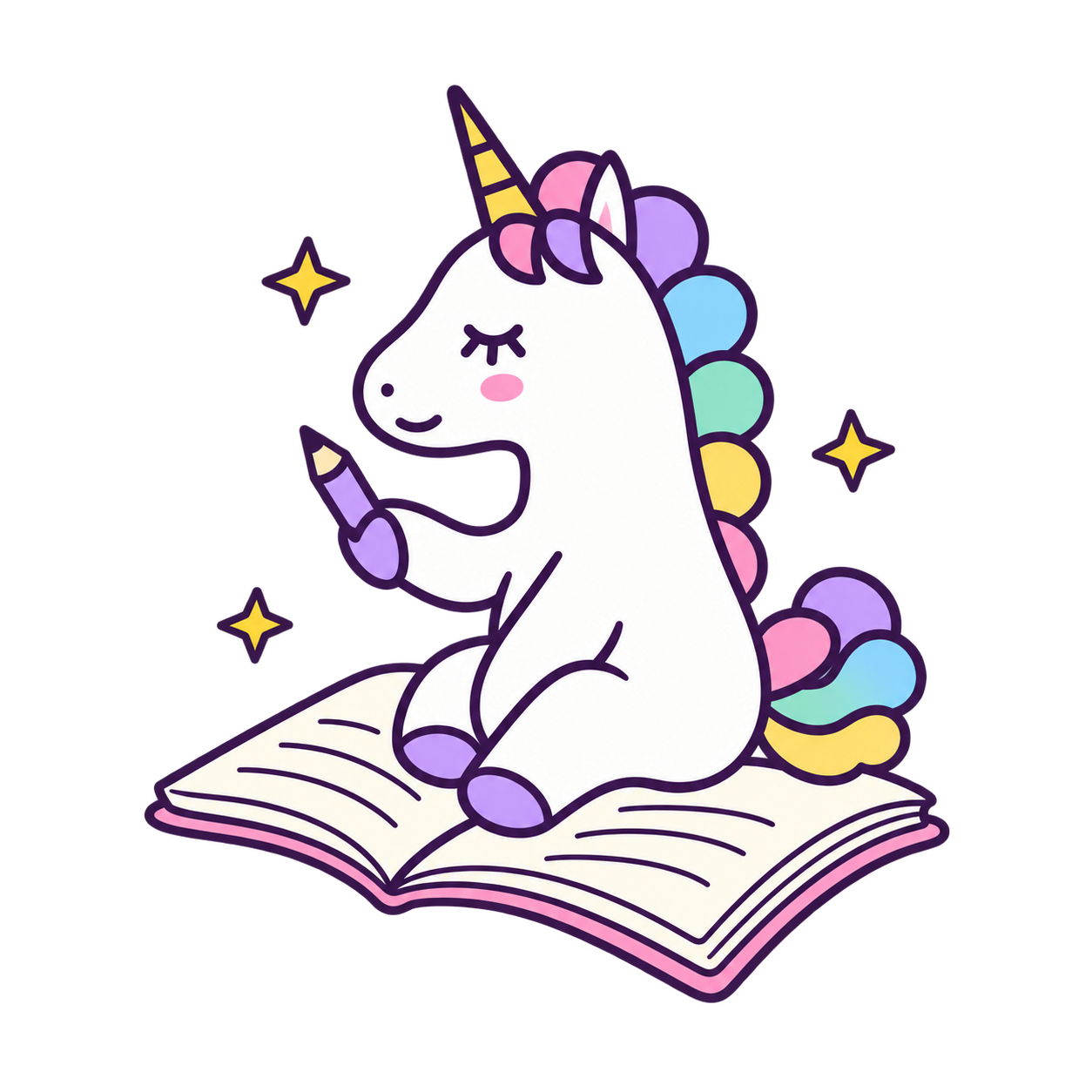 Un piccolo unicorno vola su un quaderno aperto.