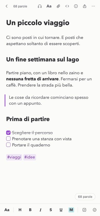 Unicorn su iPhone, con la stessa nota di viaggio aperta sul Mac.