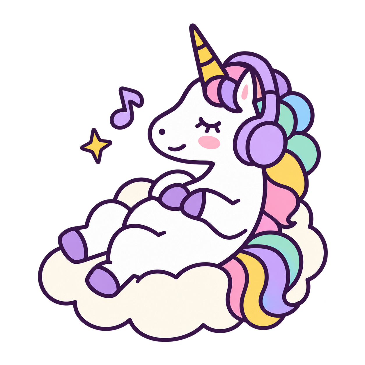L’unicorno si rilassa su una nuvola, con le cuffie.